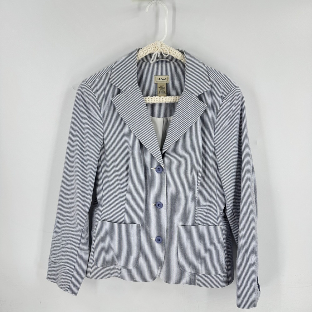 L.L. Bean Seersucker Blazer Blue 10 Striped Cotton Stretch Coastal Preppy Jacket